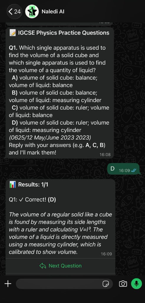 WhatsApp practice quiz with instant marking and explanation