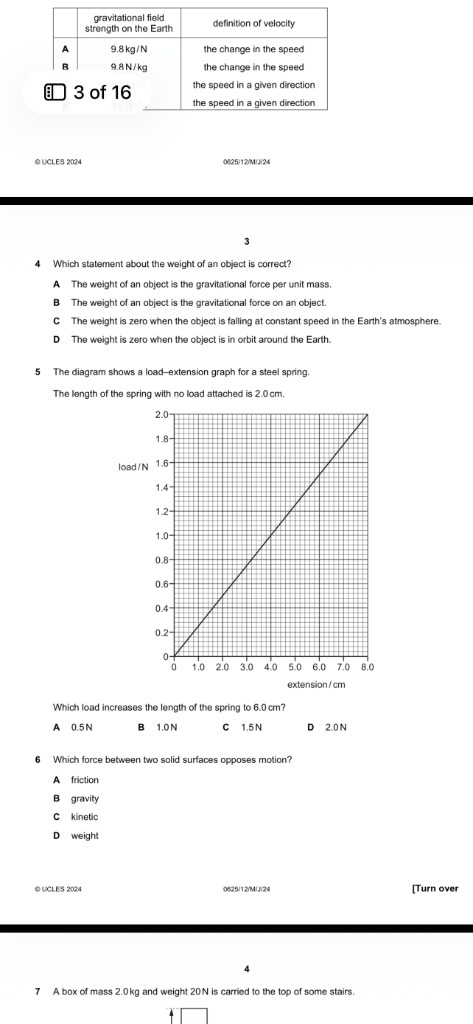 IGCSE Physics past paper questions on forces and springs