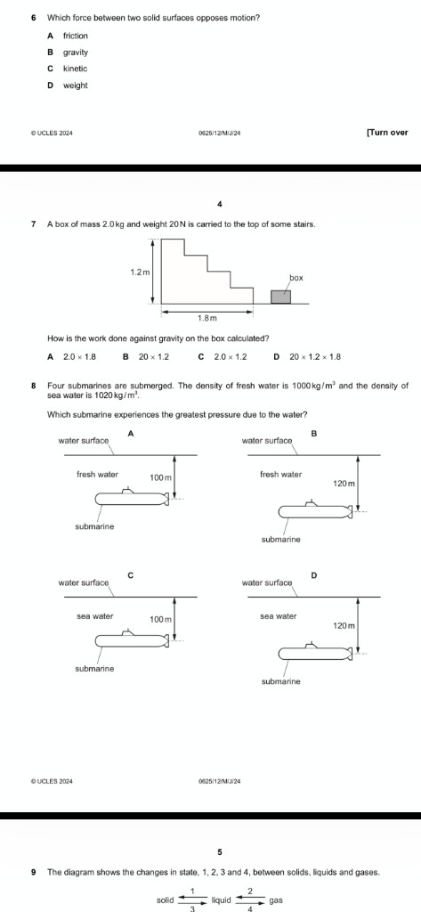 IGCSE Physics past paper questions on work, pressure, and states of matter